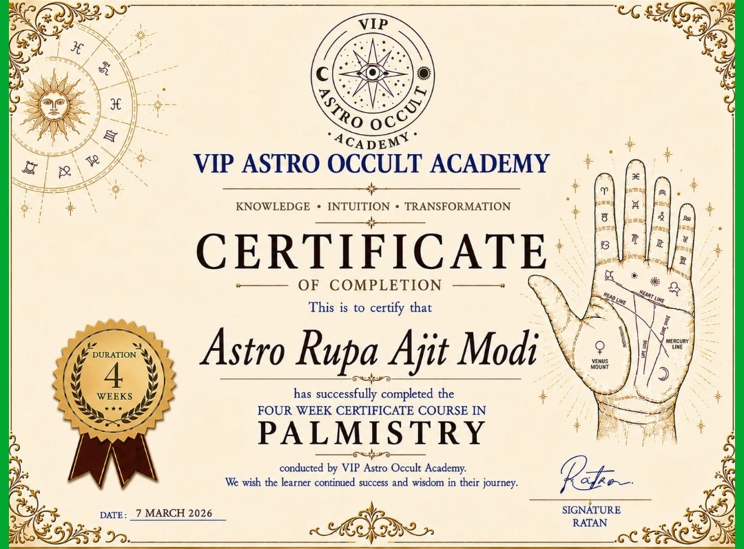 Certificate of Completion in Palmistry awarded to Astro Rupa Ajit Modi by VIP Astro Occult Academy